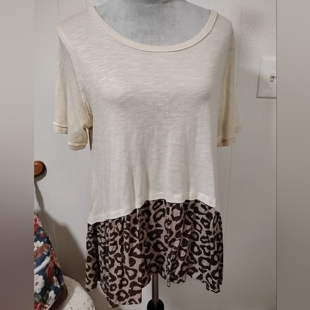 Cato Medium Tunic Top Shirt Leopard Print Ruffle Hem Cream Brown Short Sleeve
